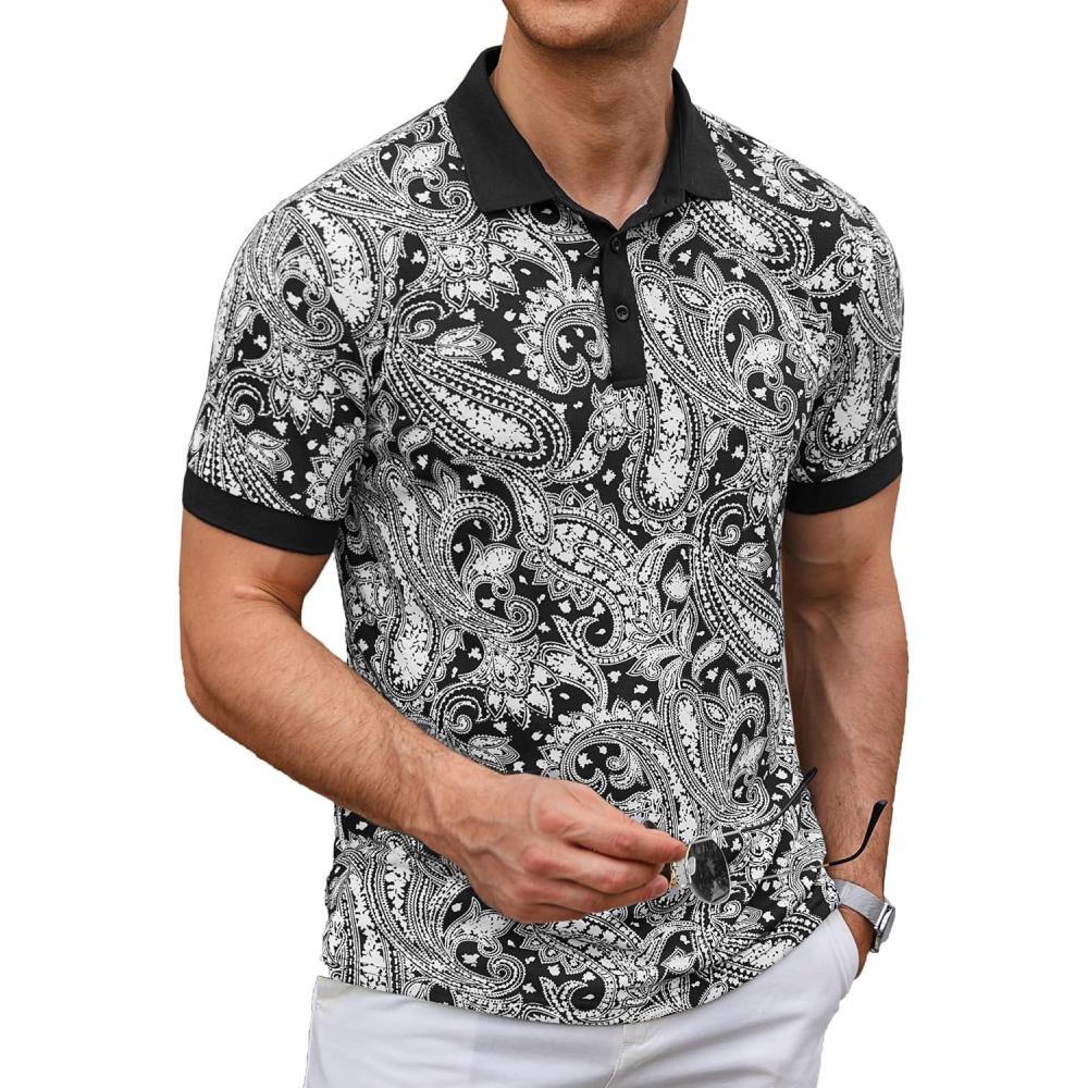 imageCOOFANDY Mens Casual Short Sleeve Polo Shirts Slim Fit Paisley Polo T Shirts Floral Print Shirt