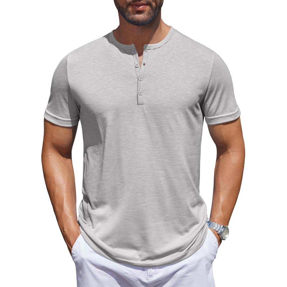 imageCOOFANDY Mens Henley Shirts Short Sleeve Collarless Button TShirt Fashion Casual Basic Tee TopsLight Grey