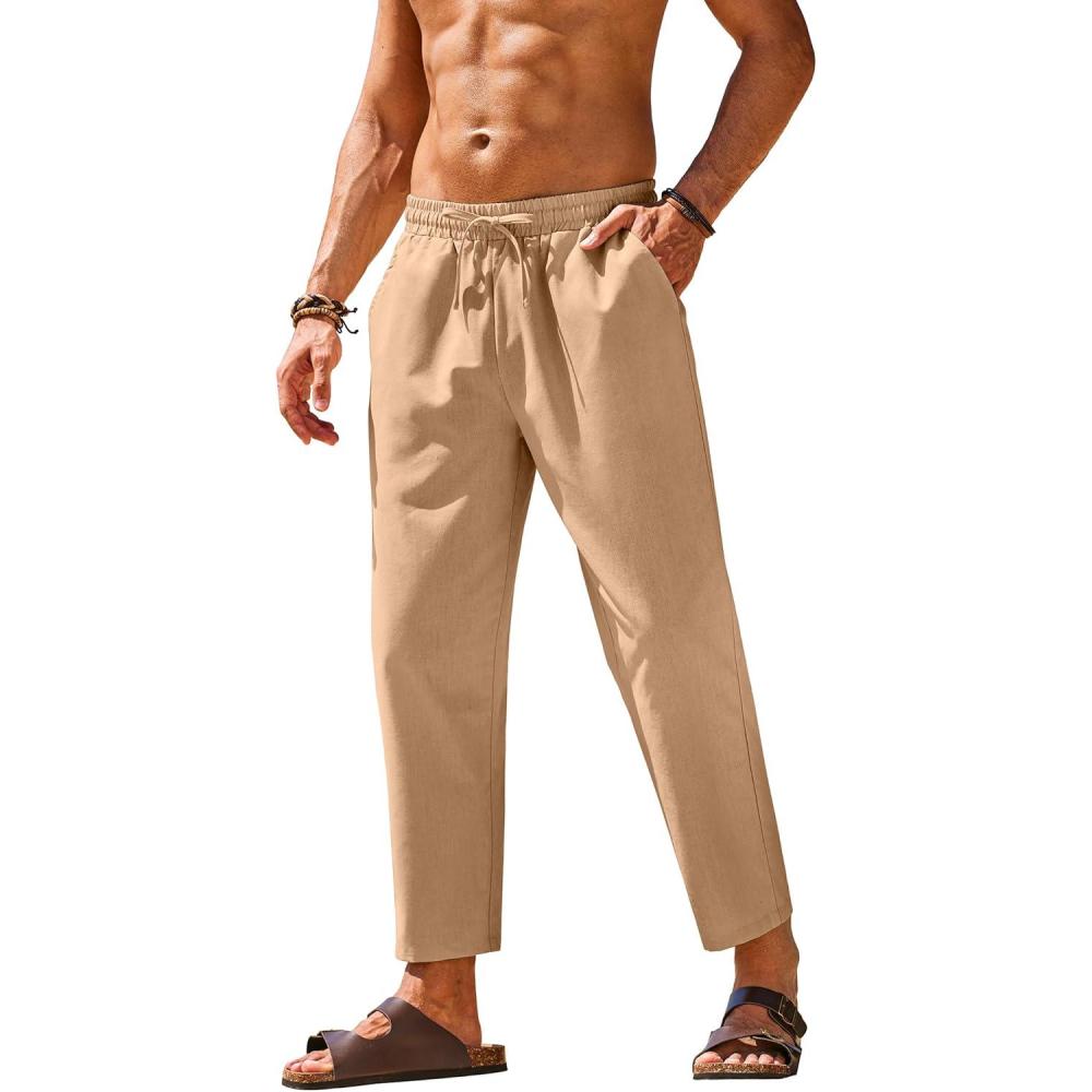 imageCOOFANDY Mens Linen Casual Pants Elastic Waist Drawstring Trousers Yoga Beach Summer PantsDark Khkai