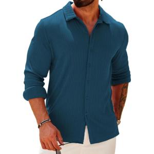 COOFANDY Athletic Fit Dress Shirts for Men Ribbed Knit Textured Button Down Shirts(Deep Blue)
