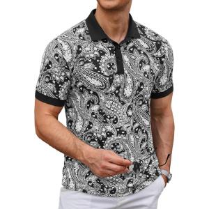 COOFANDY Mens Casual Short Sleeve Polo Shirts Slim Fit Paisley Polo T Shirts Floral Print Shirt