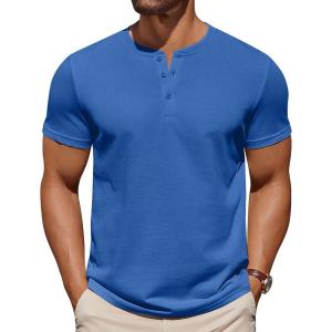 COOFANDY Mens Cotton Henley T-Shirts Short Sleeve Button Casual Basic Tees Work Shirts with Split Side(Blue)
