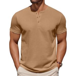 COOFANDY Mens Cotton Henley T-Shirts Short Sleeve Button Casual Basic Tees Work Shirts with Split Side(Light Brown)