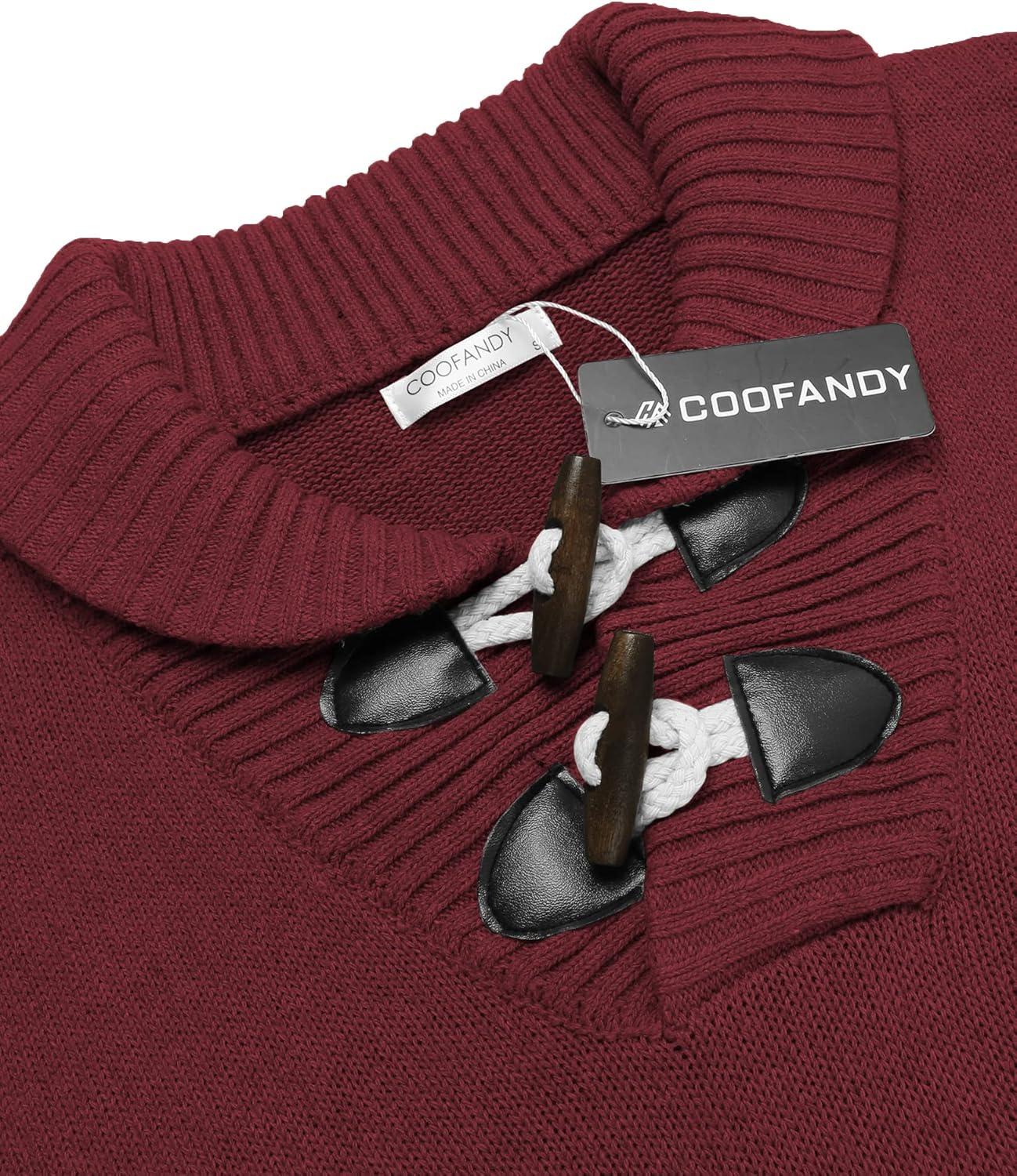 imageCOOFANDY Mens Shawl Collar Pullover Sweater Relaxed Fit Casual Cotton Cable Knit Sweaters with PocketsWine Red