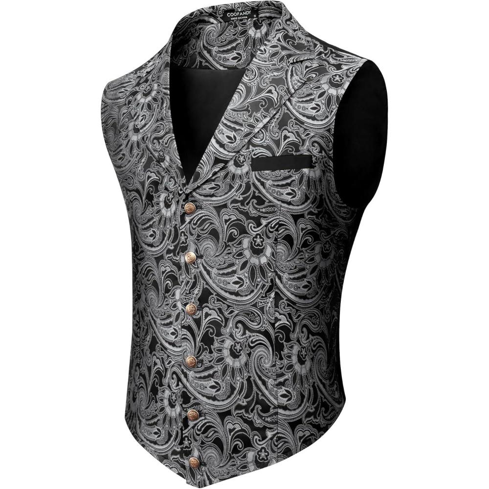 imageCOOFANDY Mens Suit Vest Paisley Floral Victorian Vests Gothic Steampunk Formal Waistcoat Tuxedo Vests with Notched LapelsLight Silver