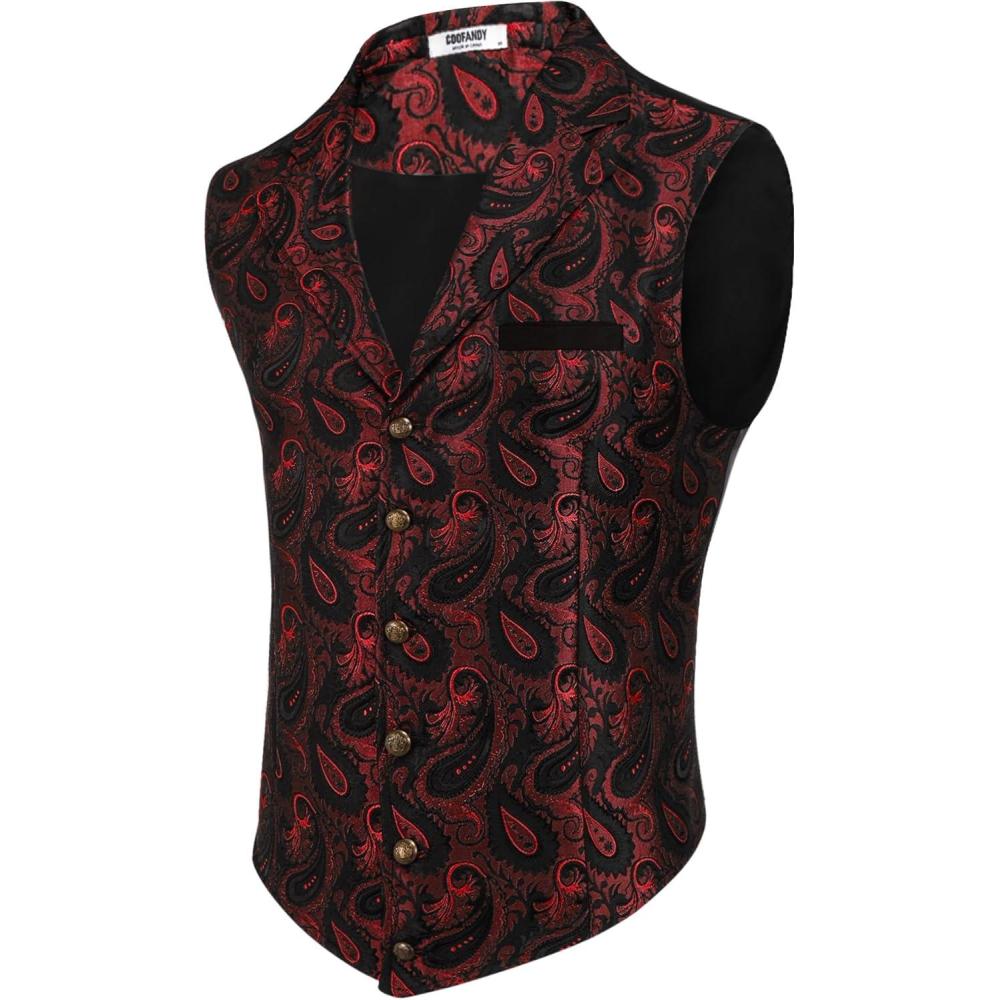 imageCOOFANDY Mens Suit Vest Paisley Floral Victorian Vests Gothic Steampunk Formal Waistcoat Tuxedo Vests with Notched LapelsRed Paisley