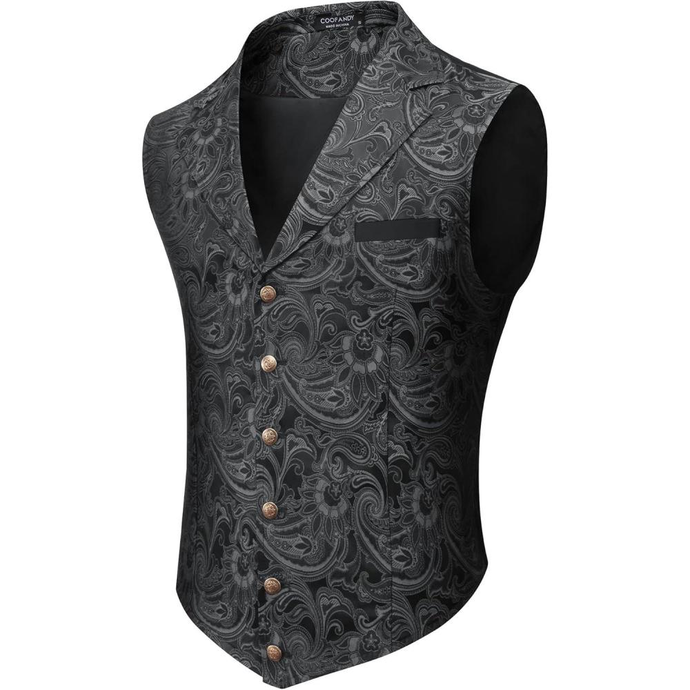 imageCOOFANDY Mens Suit Vest Paisley Floral Victorian Vests Gothic Steampunk Formal Waistcoat Tuxedo Vests with Notched LapelsSilver