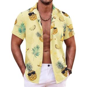 COOFANDY Mens Hawaiian Shirt Short Sleeve Button Down Shirts Tropical Summer Beach Shirts Casual Floral Aloha Shirts(Light Yellow Pineapple)