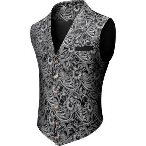 COOFANDY Mens Suit Vest Paisley Floral Victorian Vests Gothic Steampunk Formal Waistcoat Tuxedo Vests with Notched Lapels(Light Silver)