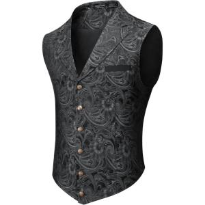 COOFANDY Mens Suit Vest Paisley Floral Victorian Vests Gothic Steampunk Formal Waistcoat Tuxedo Vests with Notched Lapels(Silver)
