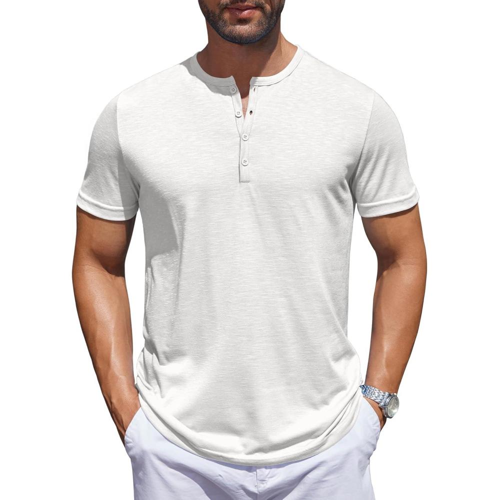 imageCOOFANDY Mens Henley Shirts Short Sleeve Collarless Button TShirt Fashion Casual Basic Tee TopsWhite