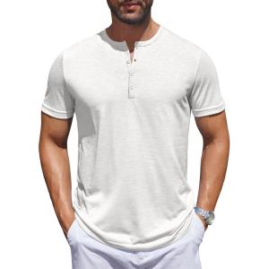 COOFANDY Men’s Henley Shirts Short Sleeve Collarless Button T-Shirt Fashion Casual Basic Tee Tops(White)