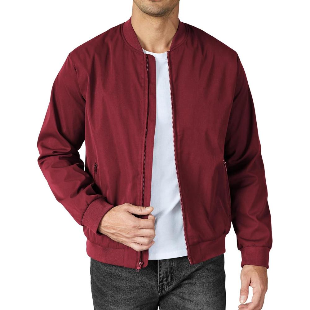 imageCOOFANDY Mens Bomber Jacket Lightweight Casual Stylish Light Flight Jacket Windbreaker Varsity JacketsWine Red