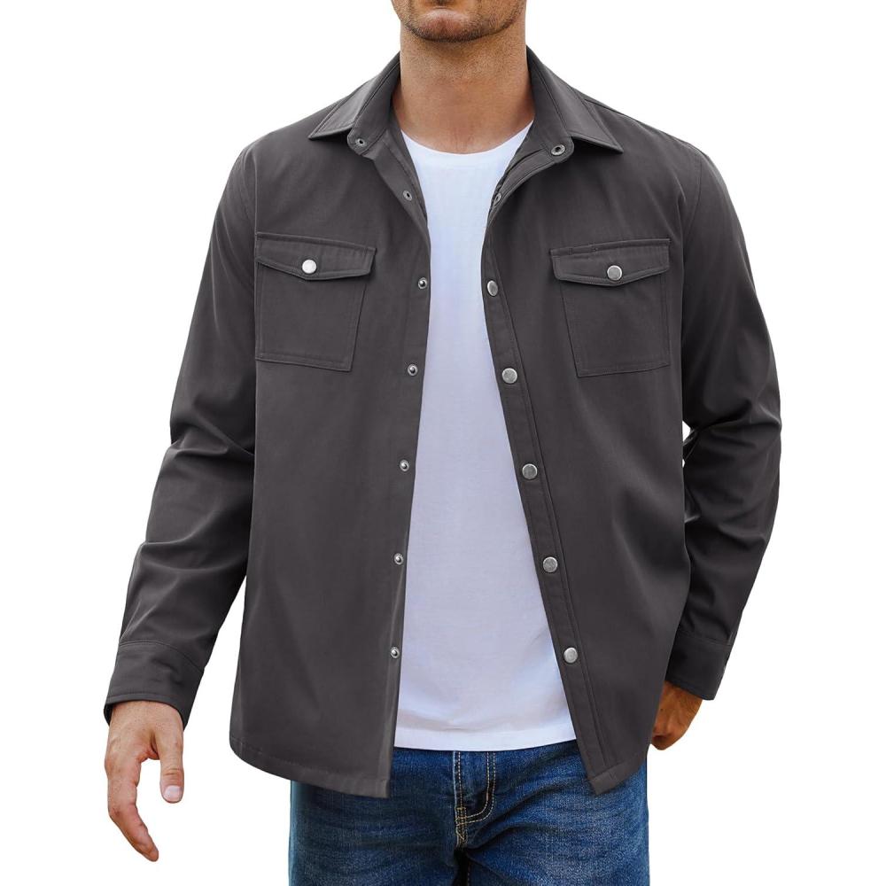 imageCOOFANDY Mens Casual Lightweight Shirt Jacket Work Shacket Jackets Military Button Down Overshirt With Flap PocketsDark Grey
