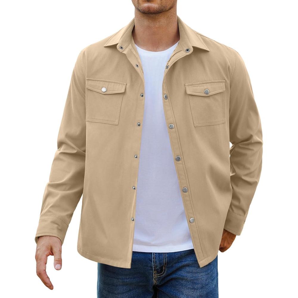 imageCOOFANDY Mens Casual Lightweight Shirt Jacket Work Shacket Jackets Military Button Down Overshirt With Flap PocketsKhaki