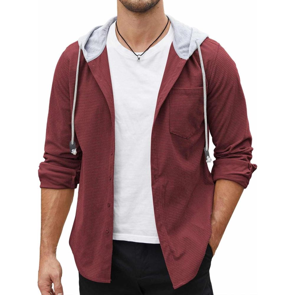imageCOOFANDY Mens Corduroy Shirt Jackets Long Sleeve Button Down Casual Stylish Hooded Shacket Jacket with PocketWine Red