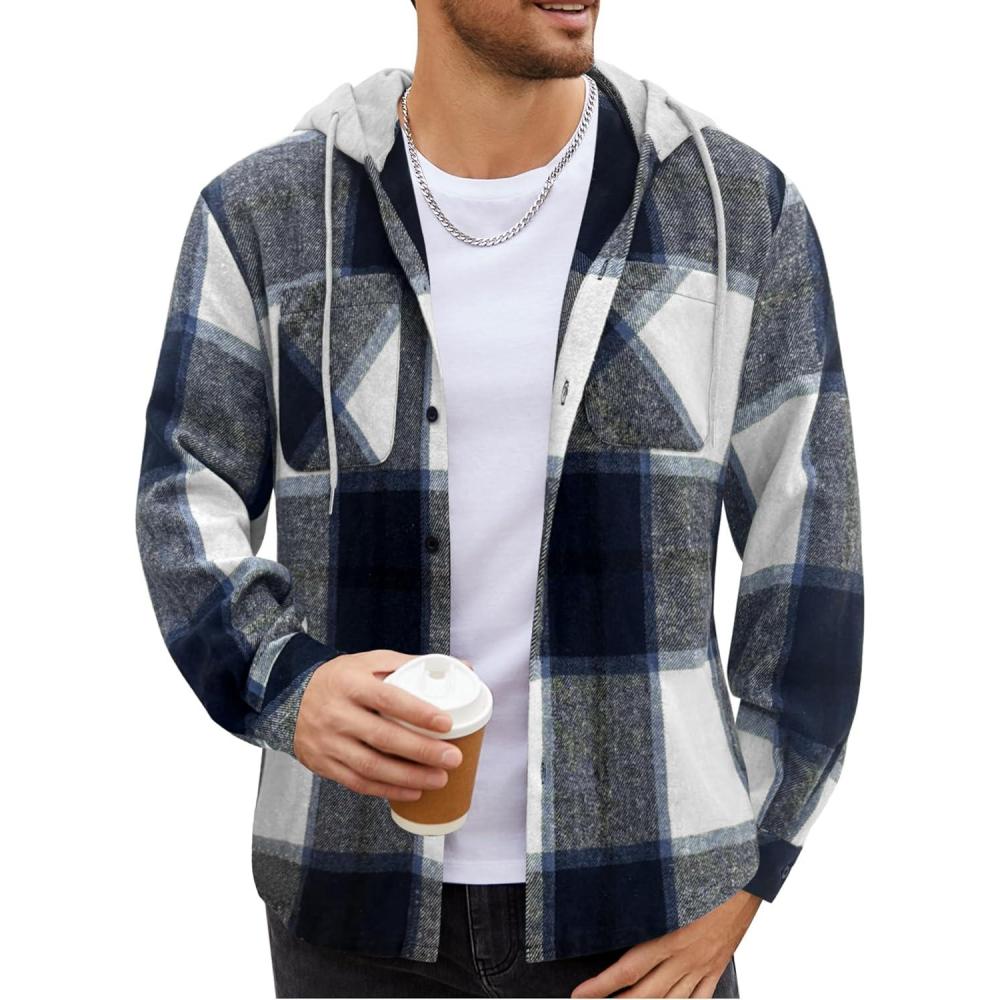 imageCOOFANDY Mens Flannel Hoodie Plaid Shirt Long Sleeve Button Down Casual Shirt Jacket Lightweight Fall ShacketPlaidnavy Beige