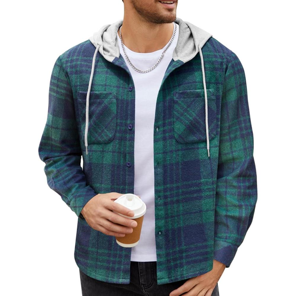 imageCOOFANDY Mens Flannel Hoodie Plaid Shirt Long Sleeve Button Down Casual Shirt Jacket Lightweight Fall ShacketPlaidnavy Green