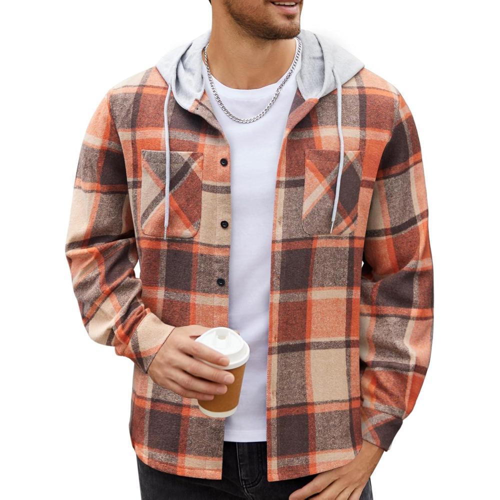 imageCOOFANDY Mens Flannel Hoodie Plaid Shirt Long Sleeve Button Down Casual Shirt Jacket Lightweight Fall ShacketPlaidorange  Khaki