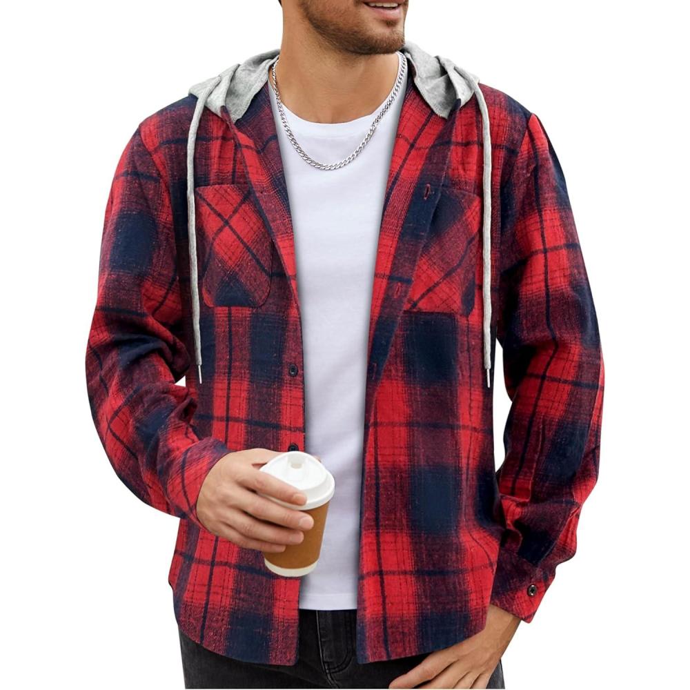 imageCOOFANDY Mens Flannel Hoodie Plaid Shirt Long Sleeve Button Down Casual Shirt Jacket Lightweight Fall ShacketPlaidred  Blue