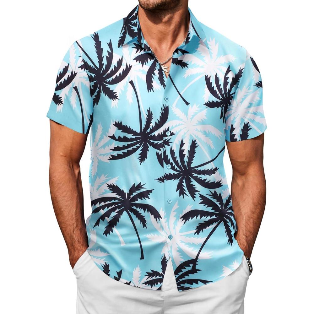 imageCOOFANDY Mens Hawaiian Shirts Short Sleeve Button Down Shirt Casual Summer Beach Shirts Floral Tropical Vacation Resort WearLight Blue