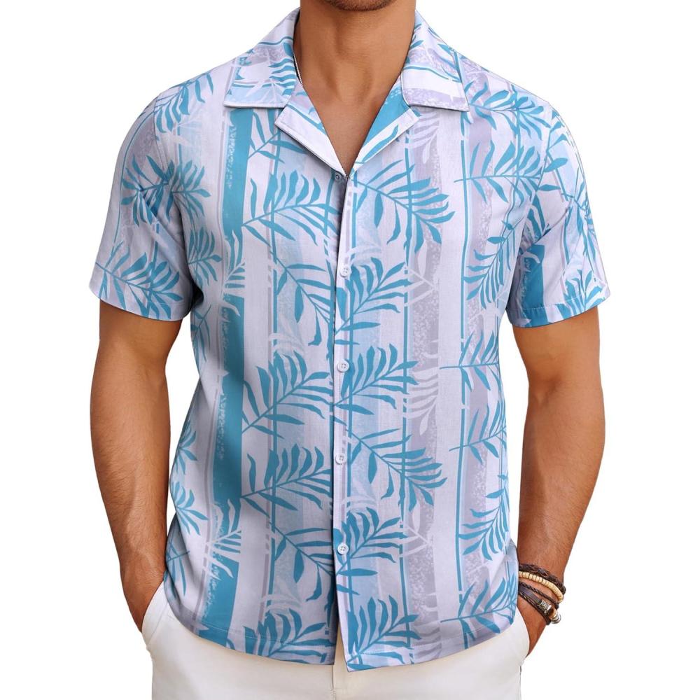 imageCOOFANDY Mens Hawaiian Short Sleeve Shirt Casual Button Down Summer Beach Vacation Shirt Tropical Floral Aloha ShirtsGreen Leaveswhite