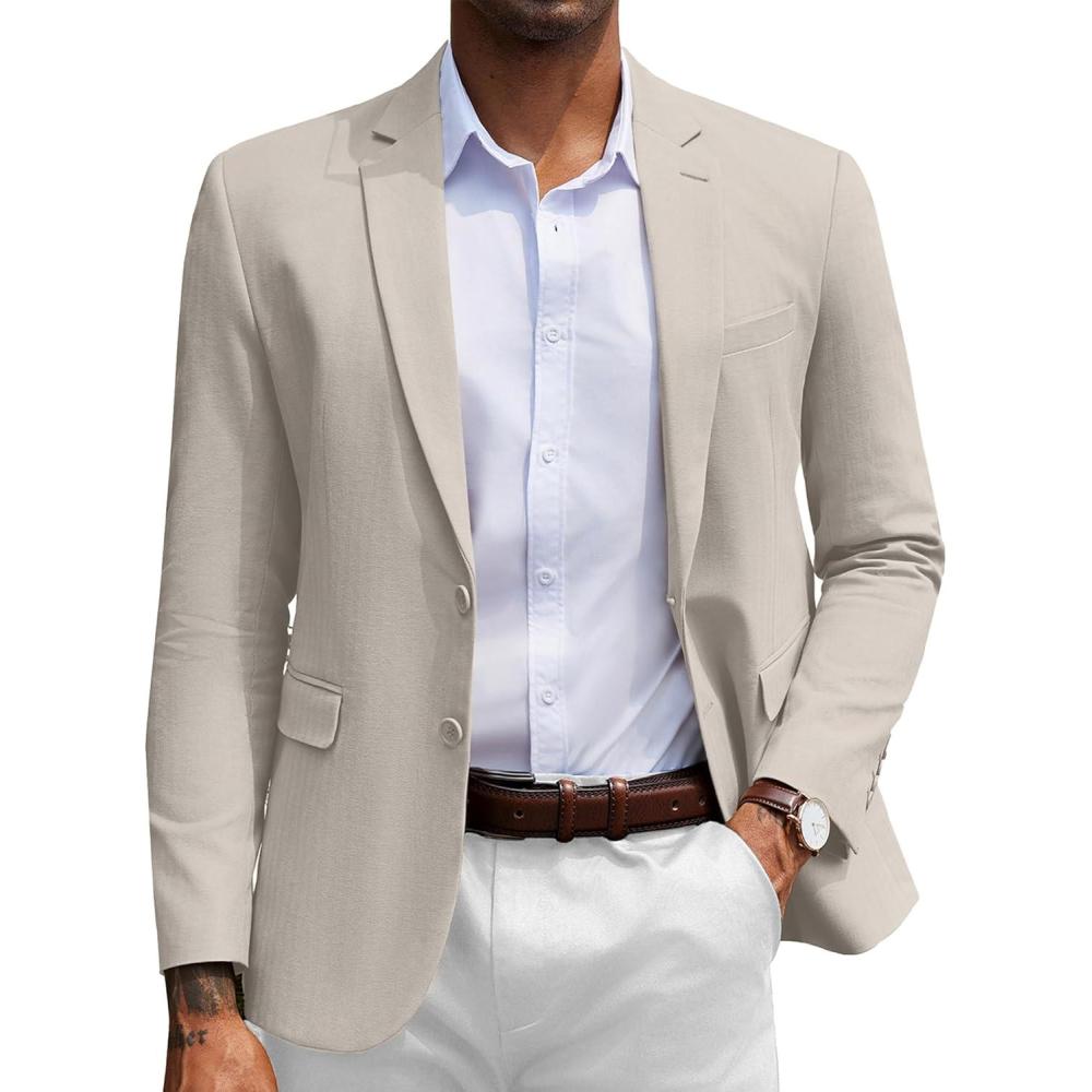 imageCOOFANDY Mens Herringbone Blazer Slim Fit Cotton Sport Coats Two Buttons Casual Suit JacketLight Khaki