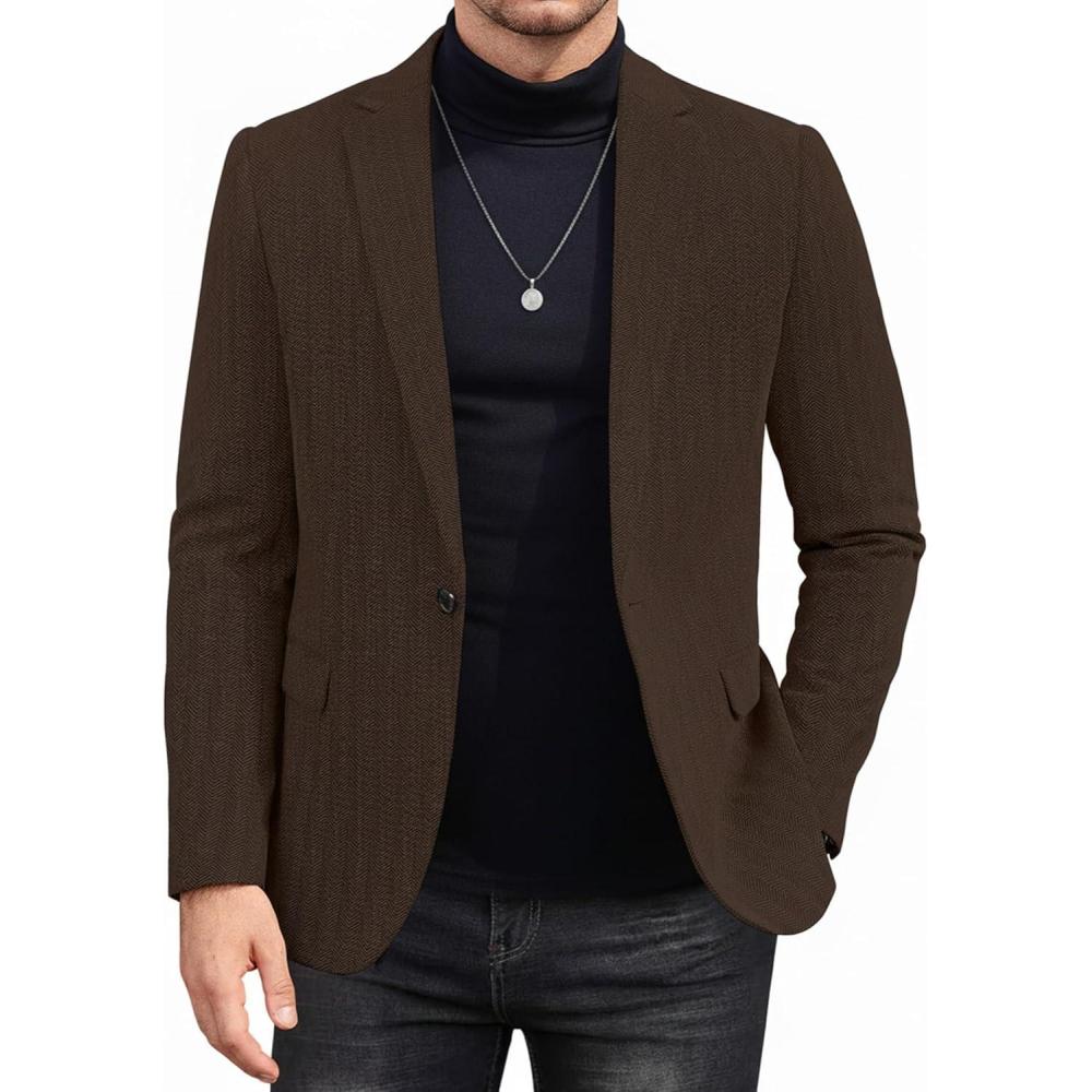 imageCOOFANDY Mens Tweed Herringbone Blazer One Button Casual Sports Coats Slim Fit Suit Jackets Formal Dress BlazersBrown