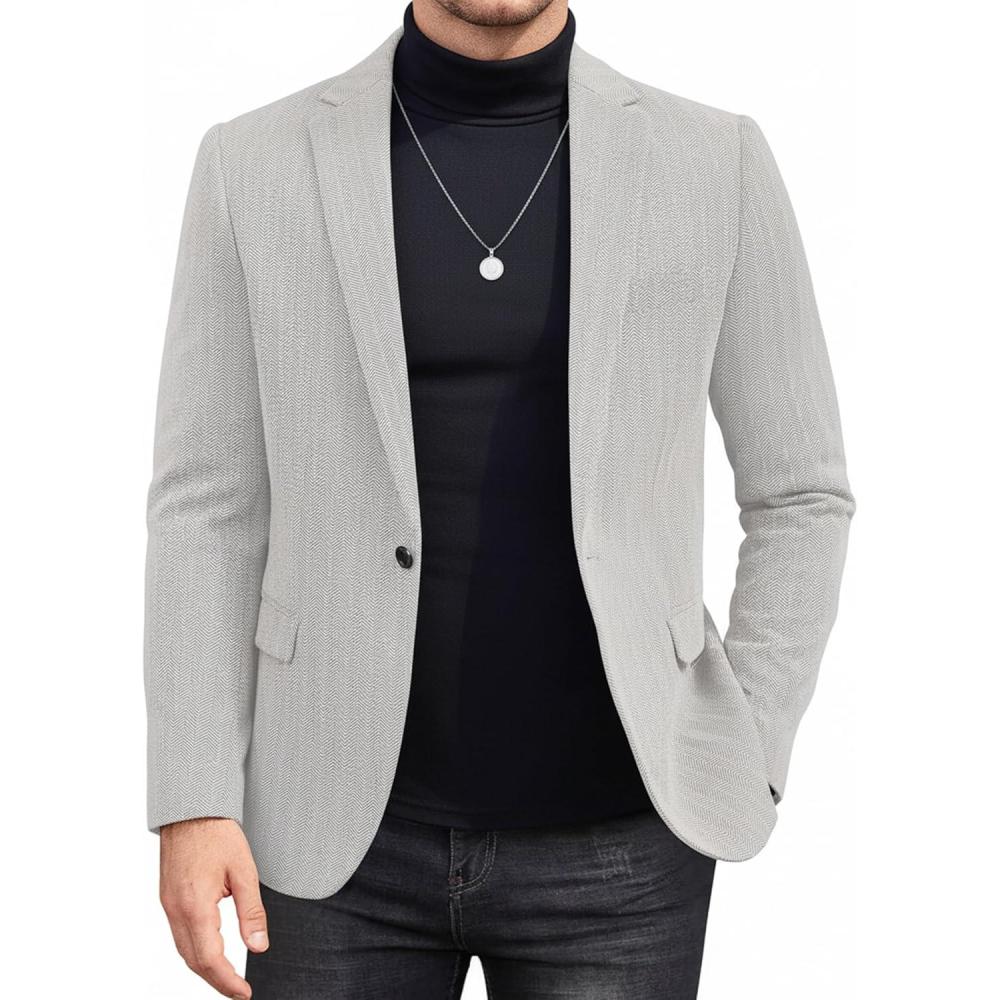 imageCOOFANDY Mens Tweed Herringbone Blazer One Button Casual Sports Coats Slim Fit Suit Jackets Formal Dress BlazersLight Grey