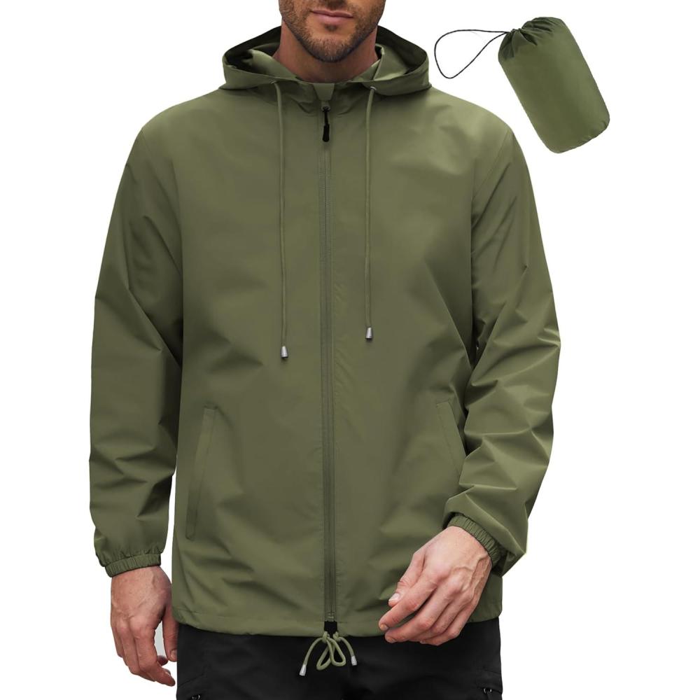 imageCOOFANDY Rain Jacket Men Packable Waterproof Raincoat with Hood Lightweight Windbreaker for Hiking Cycling GolfArmy Green