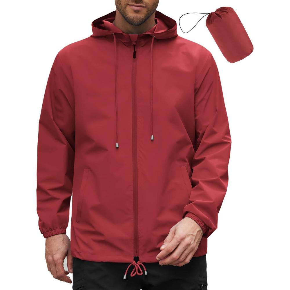imageCOOFANDY Rain Jacket Men Packable Waterproof Raincoat with Hood Lightweight Windbreaker for Hiking Cycling GolfRed