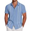 COOFANDY Men’s Cuban Guayabera Shirt Short Sleeve Button Down Shirts Casual Summer Beach Linen Shirts(Blue-white Webbing)