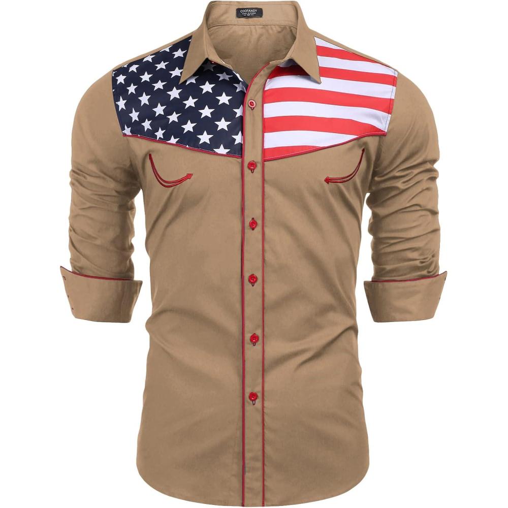 imageCOOFANDY Mens American Flag Button Down Shirts Western Cowboy Shirt Slim Fit Patriotic Long Sleeve ShirtLight Tan