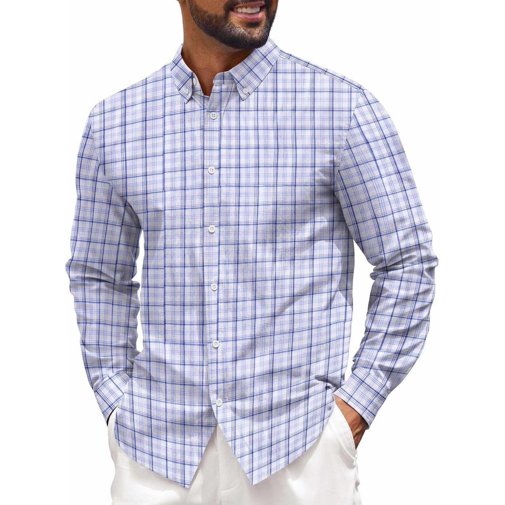 imageCOOFANDY Mens Casual Button Down Shirts Long Sleeve Regualar Fit Dress Shirt Oxford Shirts for MenCheckblue  White