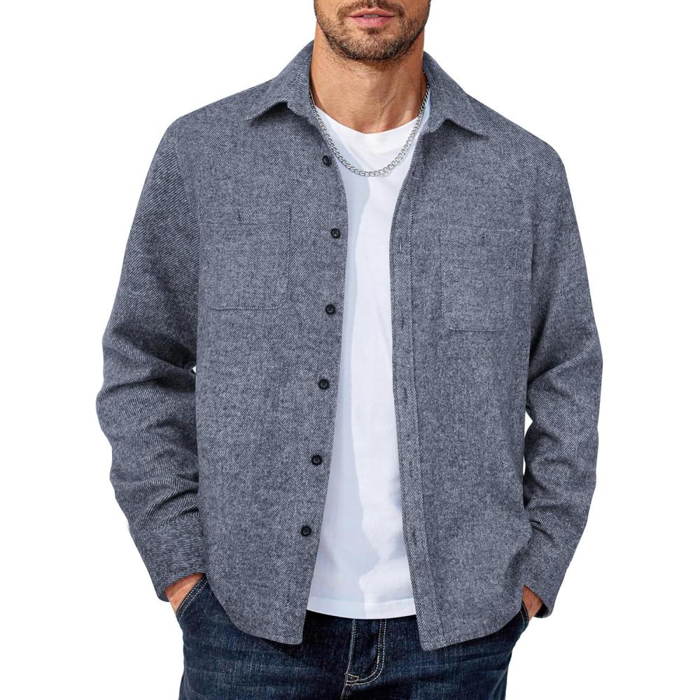 imageCOOFANDY Mens Flannel Shirts Long Sleeve Casual Cotton Plaid Button Down Shirt Jacket with PocketsGrey Blue