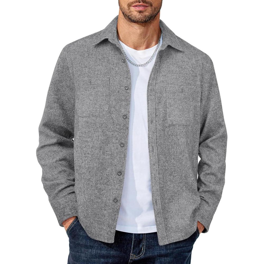imageCOOFANDY Mens Flannel Shirts Long Sleeve Casual Cotton Plaid Button Down Shirt Jacket with PocketsLight Gray