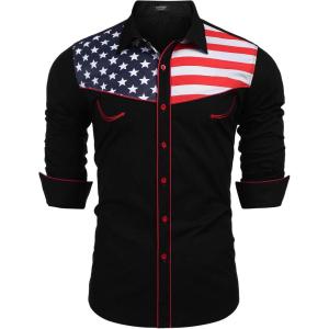 COOFANDY Men’s American Flag Button Down Shirts Western Cowboy Shirt Slim Fit Patriotic Long Sleeve Shirt(Black)