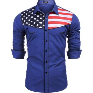 COOFANDY Men’s American Flag Button Down Shirts Western Cowboy Shirt Slim Fit Patriotic Long Sleeve Shirt(Blue)