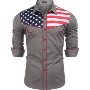 COOFANDY Men’s American Flag Button Down Shirts Western Cowboy Shirt Slim Fit Patriotic Long Sleeve Shirt(Grey)