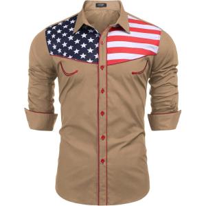 COOFANDY Men’s American Flag Button Down Shirts Western Cowboy Shirt Slim Fit Patriotic Long Sleeve Shirt(Light Tan)