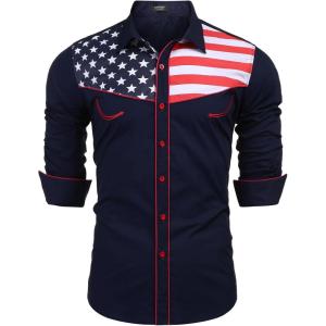 COOFANDY Men’s American Flag Button Down Shirts Western Cowboy Shirt Slim Fit Patriotic Long Sleeve Shirt(Navy Blue)