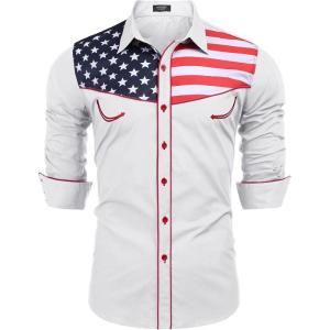 COOFANDY Men’s American Flag Button Down Shirts Western Cowboy Shirt Slim Fit Patriotic Long Sleeve Shirt(White)