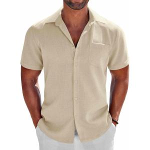 COOFANDY Men’s Button Down Shirts Short Sleeve Casual Shirts Summer Beach Linen Shirts with Pocket(Beige)