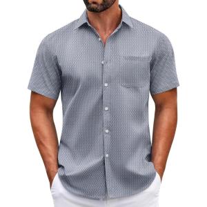 COOFANDY Mens Short Sleeve Casual Button Down Shirts Summer Untucked Dress Shirts with Pocket(Grey Wihte Square)