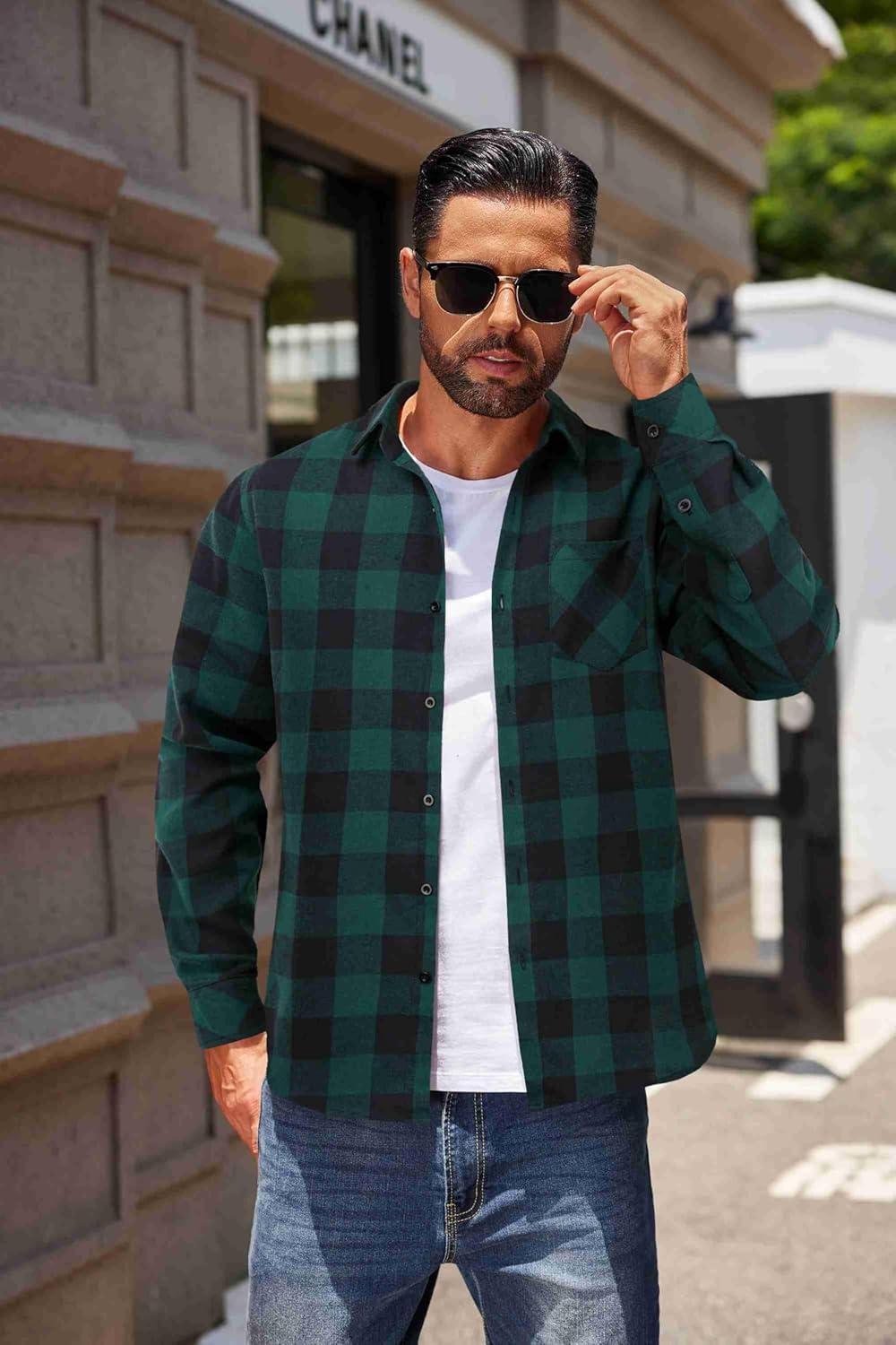 imageCOOFANDY Mens Flannel Shirts Long Sleeve Button Down Plaid Shirt Lightweight ShirtGreen  Black