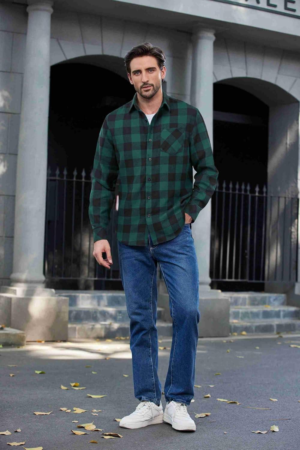 imageCOOFANDY Mens Flannel Shirts Long Sleeve Button Down Plaid Shirt Lightweight ShirtGreen  Black