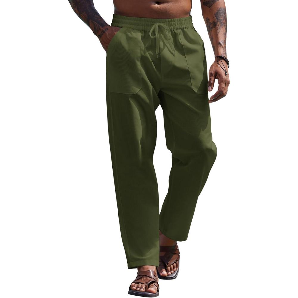 imageCOOFANDY Linen Pants Mens Lightweight Linen Pants Elastic Waist Beach Yoga Summer TrousersArmy Green