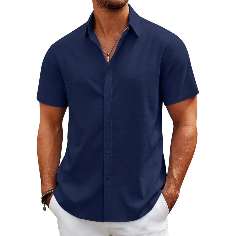 imageCOOFANDY Mens Casual Beach Shirts Short Sleeve Button Down Shirts Summer Vacation Untucked Dress ShirtsDark Blue