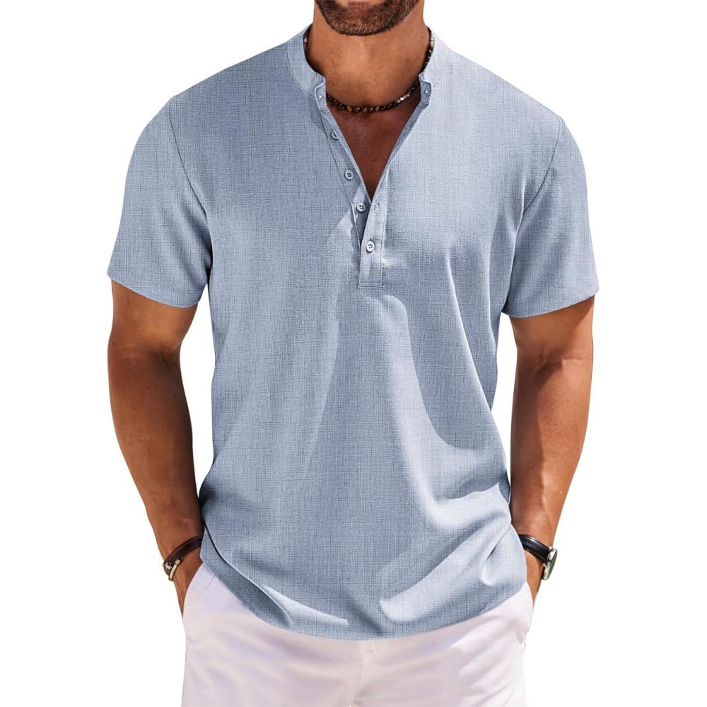 imageCOOFANDY Mens Casual Henley Shirt Band Collar Short Sleeve Shirt Summer Beach Hippie TShirtLight Denim Blue