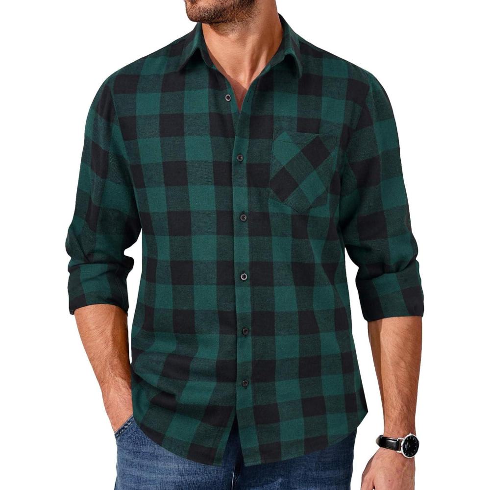 imageCOOFANDY Mens Flannel Shirts Long Sleeve Button Down Plaid Shirt Lightweight ShirtGreen  Black